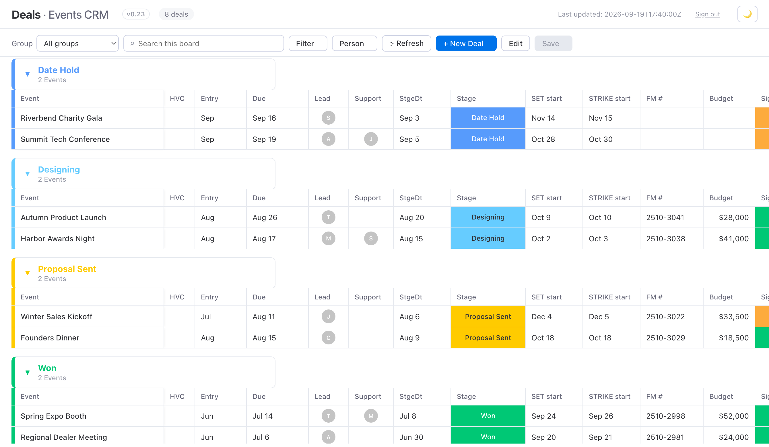 The same Deals data rebuilt as a fast web page: a clean board grouped by stage, color-coded, that loads instantly in a browser.