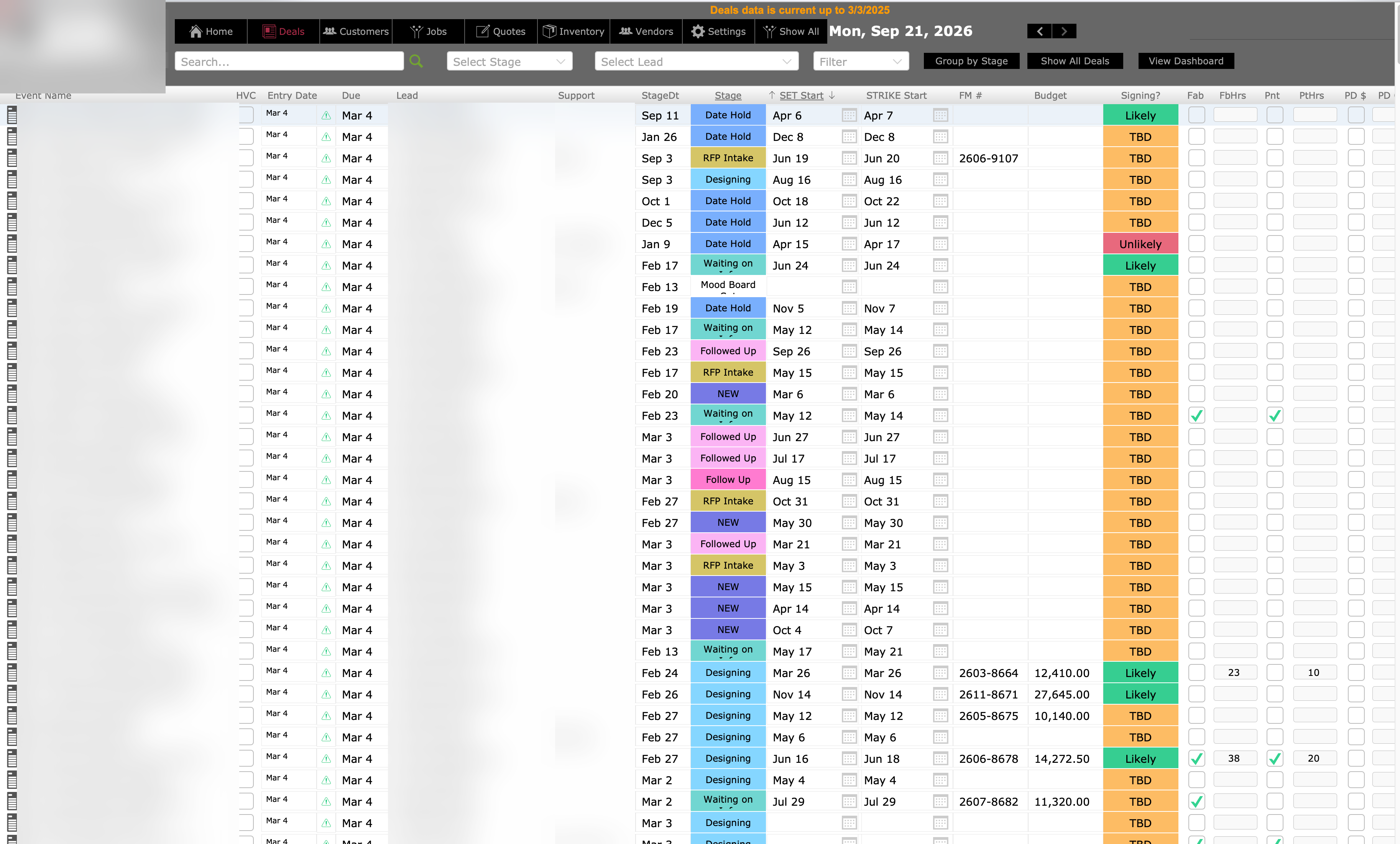 The FileMaker Deals screen: a dense, heavily-formatted list of event rows with color-coded stage and signing columns. Client and staff names are blurred. This view took roughly 46 seconds to draw.